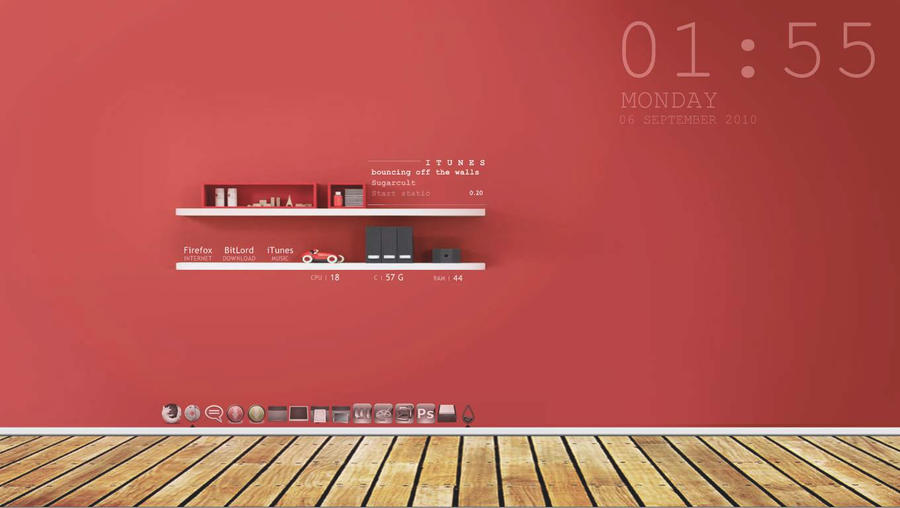 赤い壁紙の部屋 模様替え感覚でアイコンを整理 架空の３d部屋のデスクトップ壁紙 棚 机 黒板 Naver まとめ